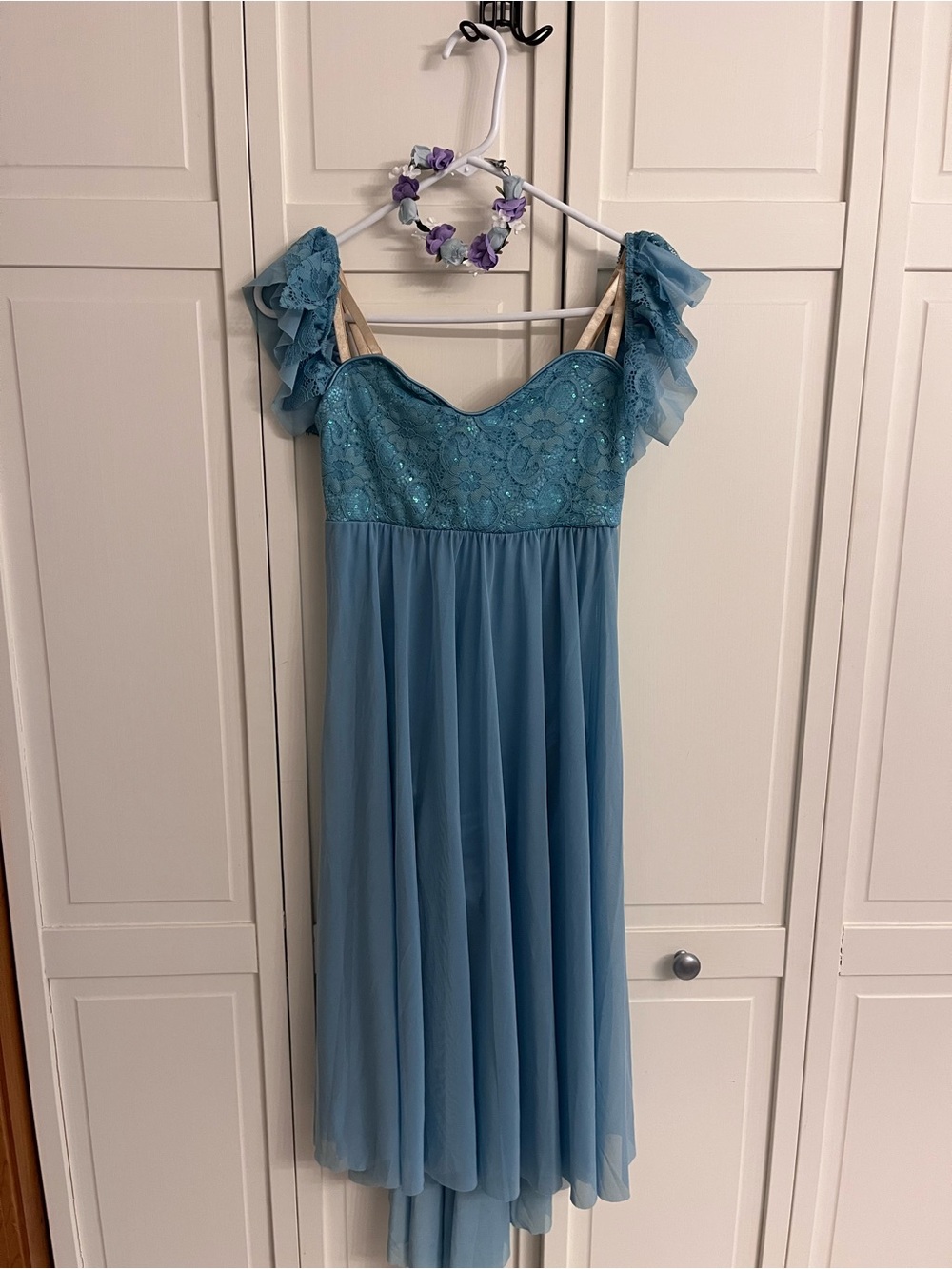 Ethereal Blue Sequin & Lace Lyrical Dance Costume Dress with Matching Hair Piece
